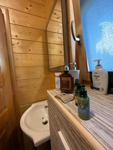 a bathroom with a sink and a counter with bottles of alcohol at Wooden house in Šmarje pri Jelšah
