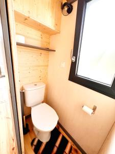 a small bathroom with a toilet and a window at tiny house in Cholet