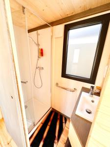 a bathroom with a shower and a sink at tiny house in Cholet