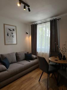 sala de estar con sofá, mesa y ventana en Modern Cozy Apartment Zalau en Zalău