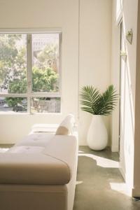 - un salon blanc avec un canapé et une plante dans l'établissement 1500 Sq foot, 3 bed room loft in DTLA (Pool & Hot tub!), à Los Angeles