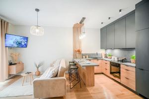 a kitchen with a couch and a table in a room at Apartamenty Warzywna in Leszno