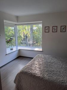 a bedroom with a bed and a large window at Depto en condo Pucon Andino in Pucón +13 photos