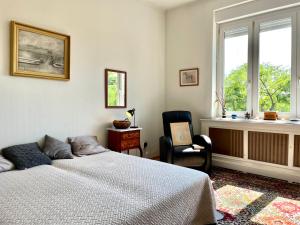 - une chambre avec un lit, une chaise et une fenêtre dans l'établissement Villa with terrace overlooking the city park, à Budapest