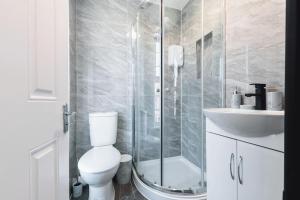 a bathroom with a shower and a toilet and a sink at Barite - 1 Bedroom Flat in Reading
