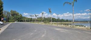 una calle vacía con palmeras y un lago en Departamento Costa Paz en Villa Carlos Paz