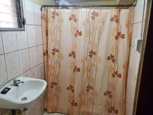 y baño con cortina de ducha y lavamanos. en Apartamentos y Hostal RUDON #4, en Puerto Cortés
