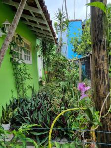 uma casa verde com algumas plantas em frente em SUÍTES Caminho do Mar em Abraão