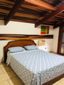 a bedroom with a large bed with a wooden headboard at Sítio Recanto do Paturi in Piranguinho