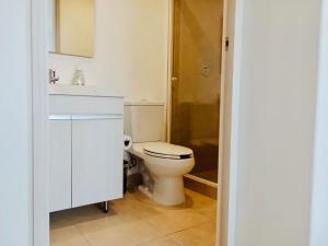 a bathroom with a toilet and a sink and a shower at Romulo OFarril 2parking-3BR-2BA in Mexico City