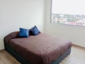 a bed with two blue pillows in a room with a window at Romulo OFarril 2parking-3BR-2BA in Mexico City