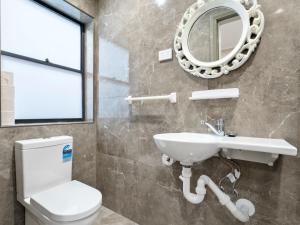 a bathroom with a toilet and a sink and a mirror at VENUS Surry Hills - FEMALE ONLY HOSTEL - Long stay negotiable in Sydney