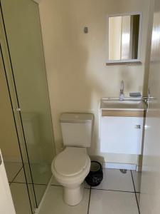 een badkamer met een toilet en een wastafel bij Kitinete in Chapecó