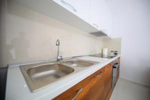 uma cozinha com um lavatório de aço inoxidável e um balcão em Kabasa Apartments Vlorë em Vlorë