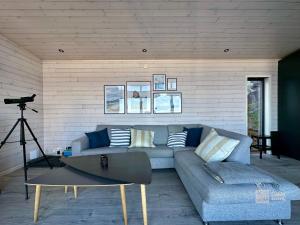 sala de estar con sofá y cámara en Brand new beautiful cabin view Wifi Sonos system, en Larvik