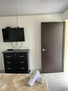 1 dormitorio con 1 cama con TV y vestidor en Finca Hotel Villa Celeste, en Quimbaya