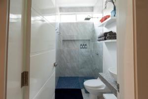 y baño con ducha, aseo y lavamanos. en Casa Caribe Chetumal, en Chetumal