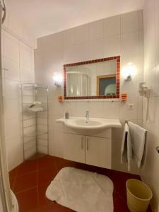 een badkamer met een wastafel en een spiegel bij Hotel Landhaus Marchfeld in Oberau