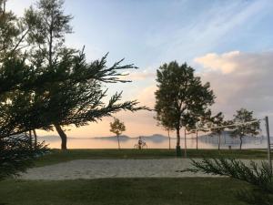 a view of a beach with trees and the ocean at Fenyves Hotel in Balatonfenyves