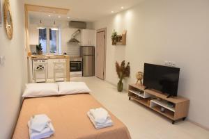 una camera con letto e TV e una cucina di Donatello a Città di Corfù Altre 7 foto