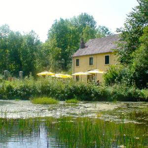 una casa amarilla con sombrillas junto a un cuerpo de agua en Au Moulin des Fées - Maison d'hôtes Cascades du Hérisson, en Bonlieu