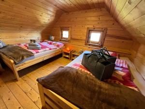 a bedroom with two beds in a log cabin at Almhütte Kärnten in Maltaberg