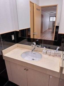 a bathroom counter with a sink and a mirror at COZY ROOM 三丁目〜難波日本橋駅奈良駅直通/6人まで/商店街近く～60㎡快適空間～ in Osaka