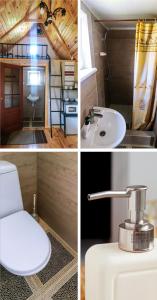 3 fotos de un baño con aseo y lavabo en Вуличок, en Kamianets-Podilskyi