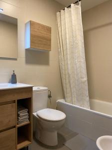 a bathroom with a toilet and a shower curtain at Habitación en casa de Mikel in Olite