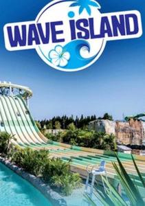 a sign for a wave island amusement park at Mas Nina Rosa in Mazan