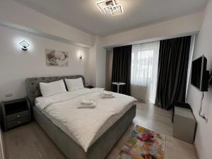 ein Schlafzimmer mit einem großen Bett und einem TV in der Unterkunft Relaxing and Beautiful Apartments in Centre of Historical Suceava in Suceava