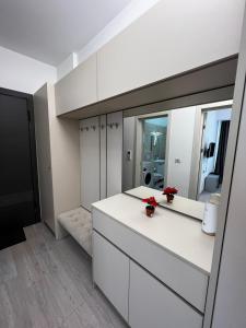 ein weißes Badezimmer mit einem Waschbecken und einem Spiegel in der Unterkunft Relaxing and Beautiful Apartments in Centre of Historical Suceava in Suceava