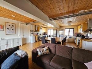 a living room with a couch and a kitchen at Aurora Mountain Cabins & Hostel in Lannavaara