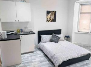 a small bedroom with a bed and a kitchen at Studio Rooms Ensuite Newbury Park London in Seven Kings