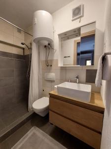 ein Badezimmer mit einem Waschbecken, einem WC und einem Spiegel in der Unterkunft Guest House Sandra in Tisno
