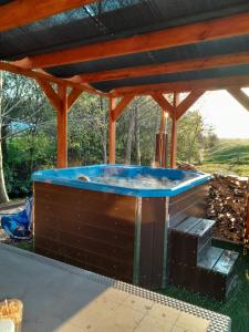 a hot tub under a pavilion with a wooden roof at Pensjonat Agroturystyczny Pod Modrzewiem in Florczaki
