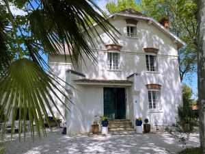 una casa blanca con una palmera delante de ella en Maison Fontaine, en Espira-de-lʼAgly