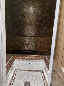 a bathroom with a shower with a tiled floor at Leon Hotel in Lviv