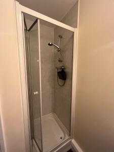 a shower with a glass door in a bathroom at Central Thomas Street in Dublin