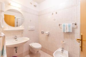 La salle de bains est pourvue d'un lavabo, de toilettes et d'un miroir. dans l'établissement Albergo Canazei, à Canazei