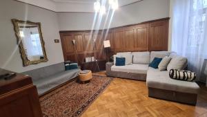 een woonkamer met een bank en een spiegel bij Parkside Large Modern Garden View Apartment in Boedapest
