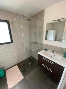 a bathroom with a shower and a sink and a mirror at 2 Maisons de vacances Sittelles Lodge in Concarneau +49 photos
