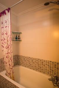 y baño con bañera y cortina de ducha. en Casa con terraza para 4 personas en Plentzia en Mendiondo