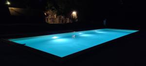 basen oświetlony w nocy światłami w obiekcie Domaine de Charnay Plaisance Sologne w mieście Vierzon
