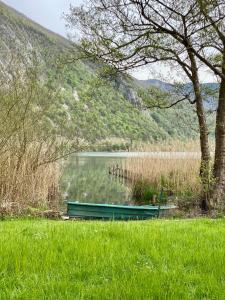 a green boat sitting in the middle of a lake at Chalet les pieds dans l'eau Lac Aiguebelette in Nances