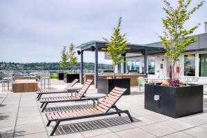 - un ensemble de chaises sur une terrasse arborée dans l'établissement Ballard 1BR w WD BBQ Gym nr Waterfront SEA-393, à Seattle