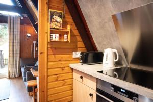 a kitchen in a tiny house with a stove at Wolf Lodge in Carrbridge
