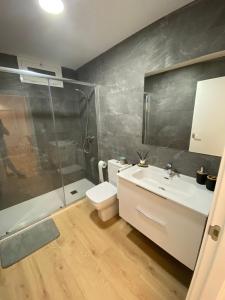 a bathroom with a shower and a toilet and a sink at vistalmar 1 casa verde in San Juan de Alicante