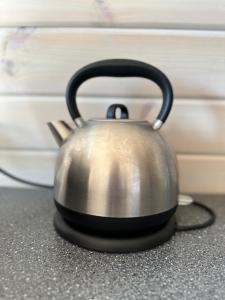 a silver tea kettle with a black handle on a counter at LODGE, een super knus tiny house, nabij vaarwater en haven! in Belt-Schutsloot