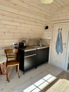 a kitchen with a sink and a wooden wall at LODGE, een super knus tiny house, nabij vaarwater en haven! in Belt-Schutsloot